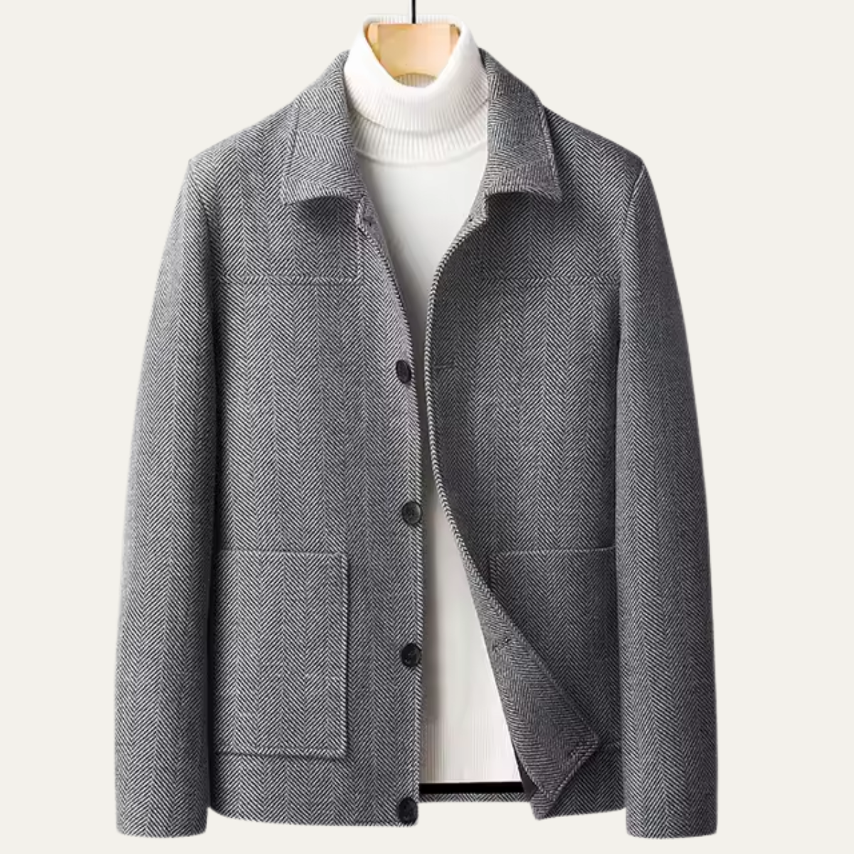 Men's Herringbone Jacket Thick Warm Wool Outerwear with Pockets