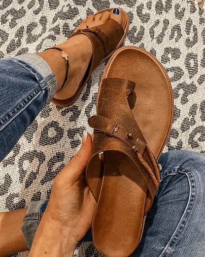 Women's Flat Sandals Slip-On Leather Boho Brown