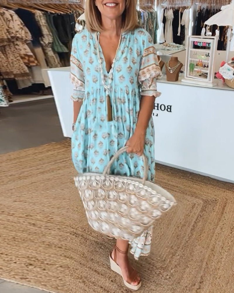 Women's Boho Maxi Dress Ruffle Sleeves Tiered - Vonnera