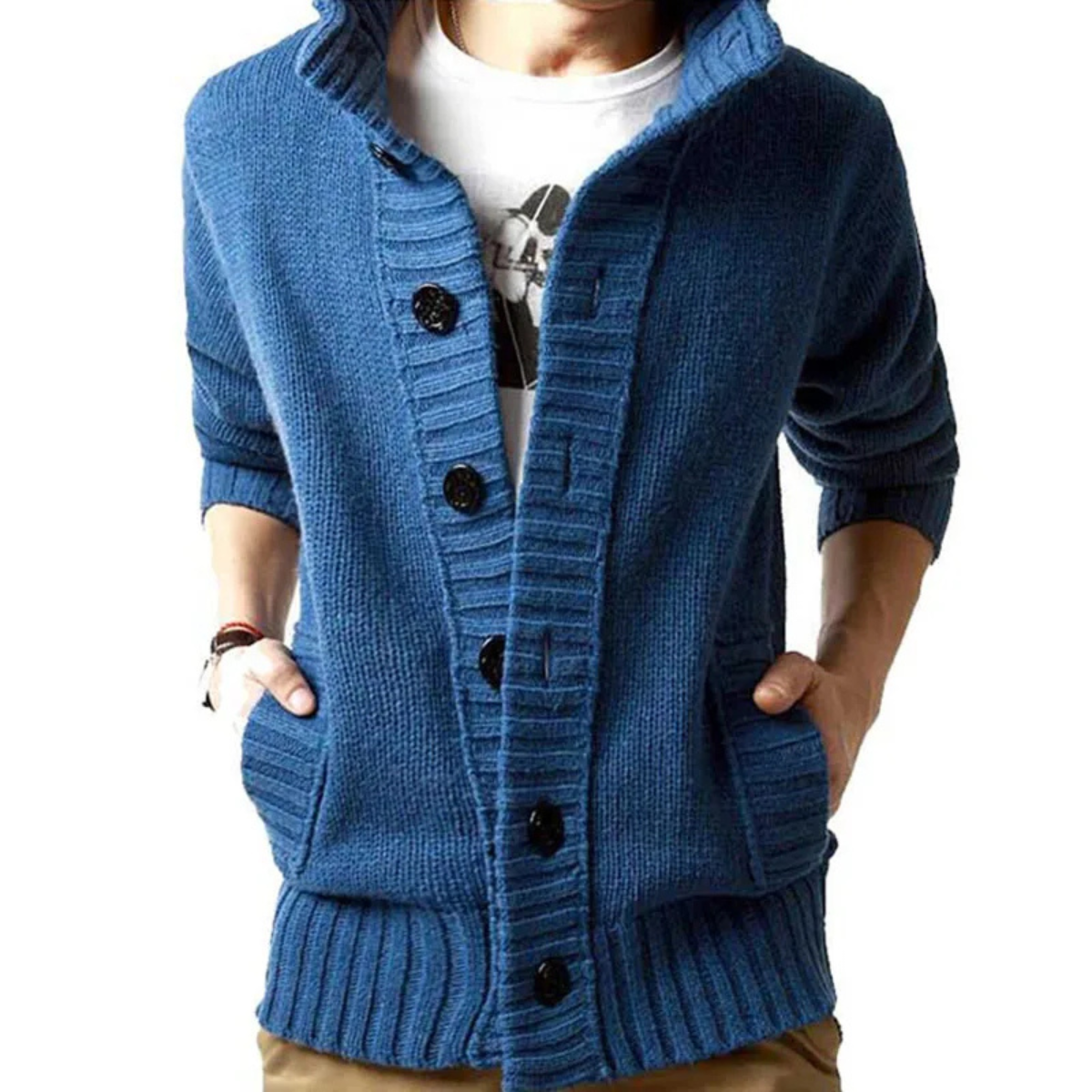 Men's Chunky Knit Cardigan High Neck Button Up Winter