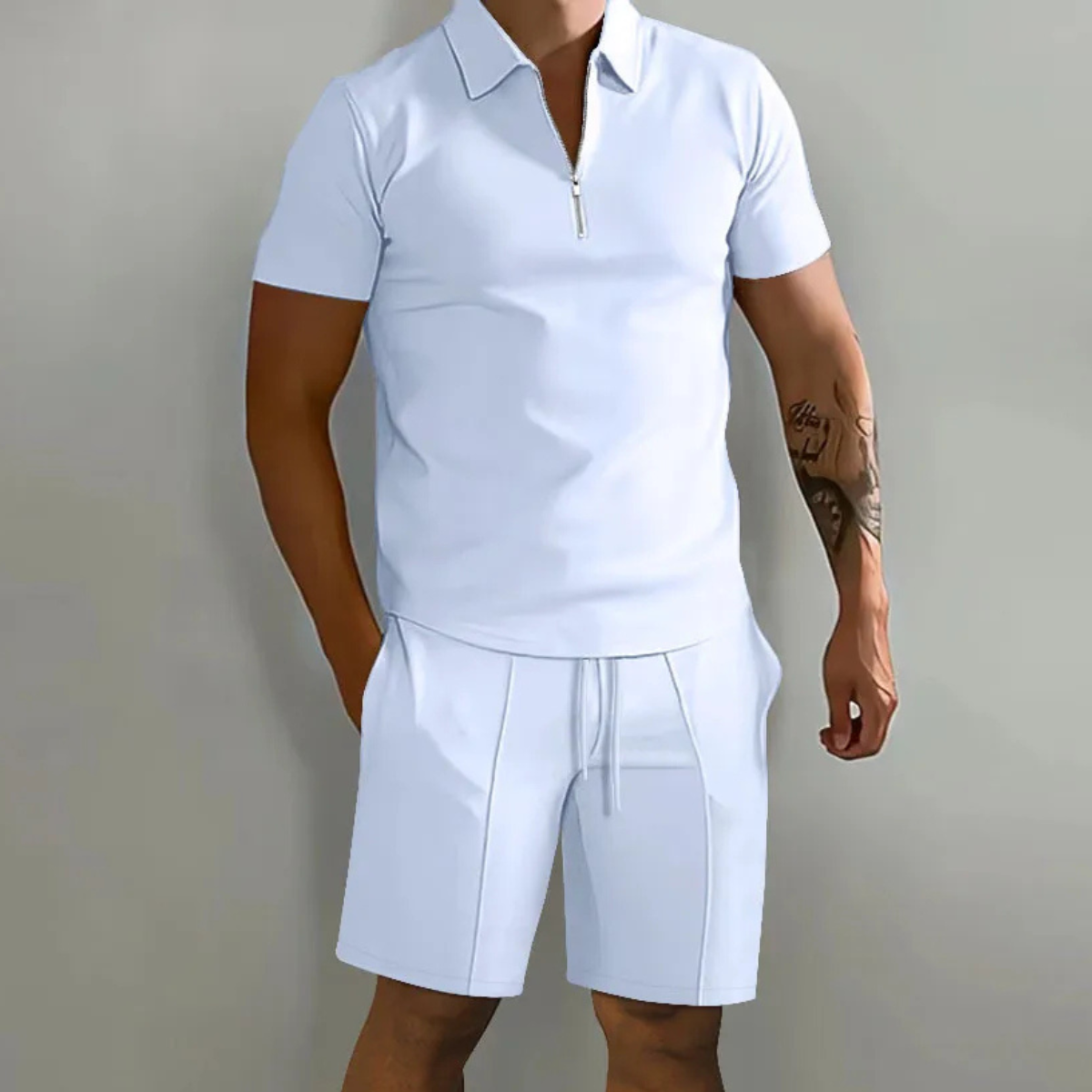 Men's Summer Polo Shirt Shorts Set White