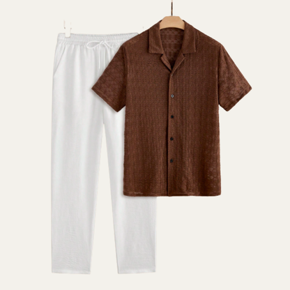 Men's Textured Button Up Casual Shirt And Pants Set