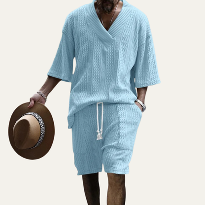 Men's Knitted Polo Shirt And Shorts Set Lightweight Red