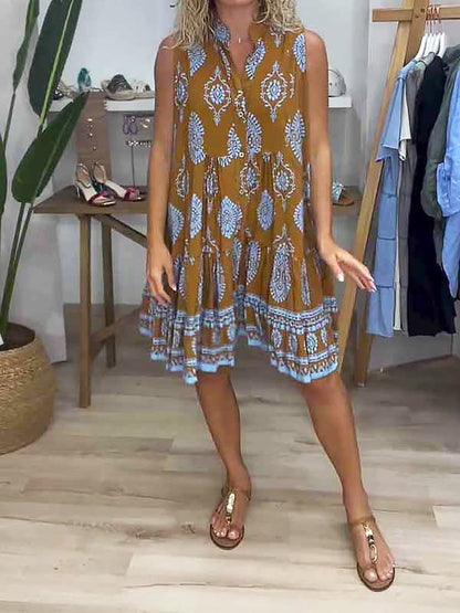 Women's V-Neck Sleeveless Mini Dress Boho Print