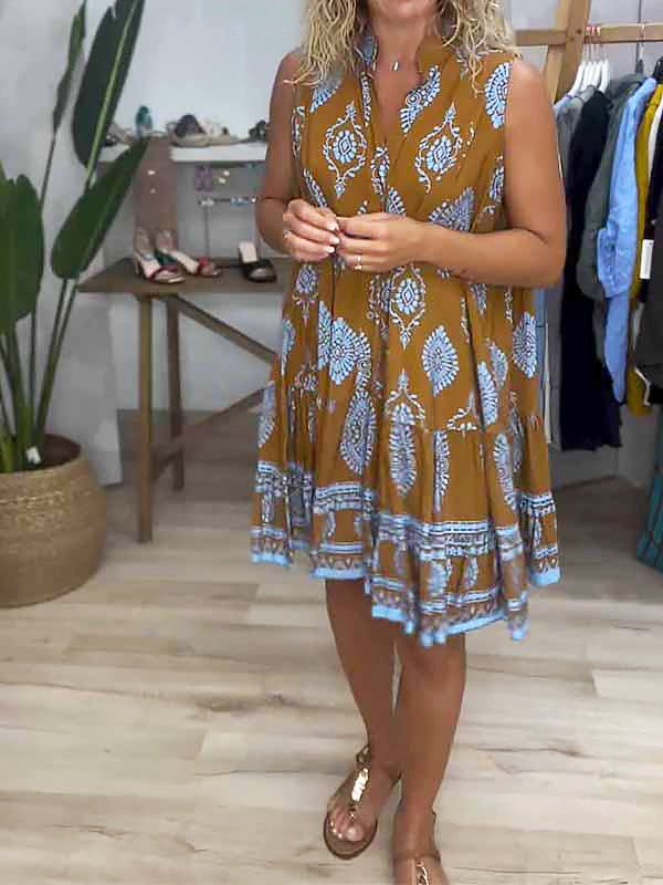 Women's V-Neck Sleeveless Mini Dress Boho Print