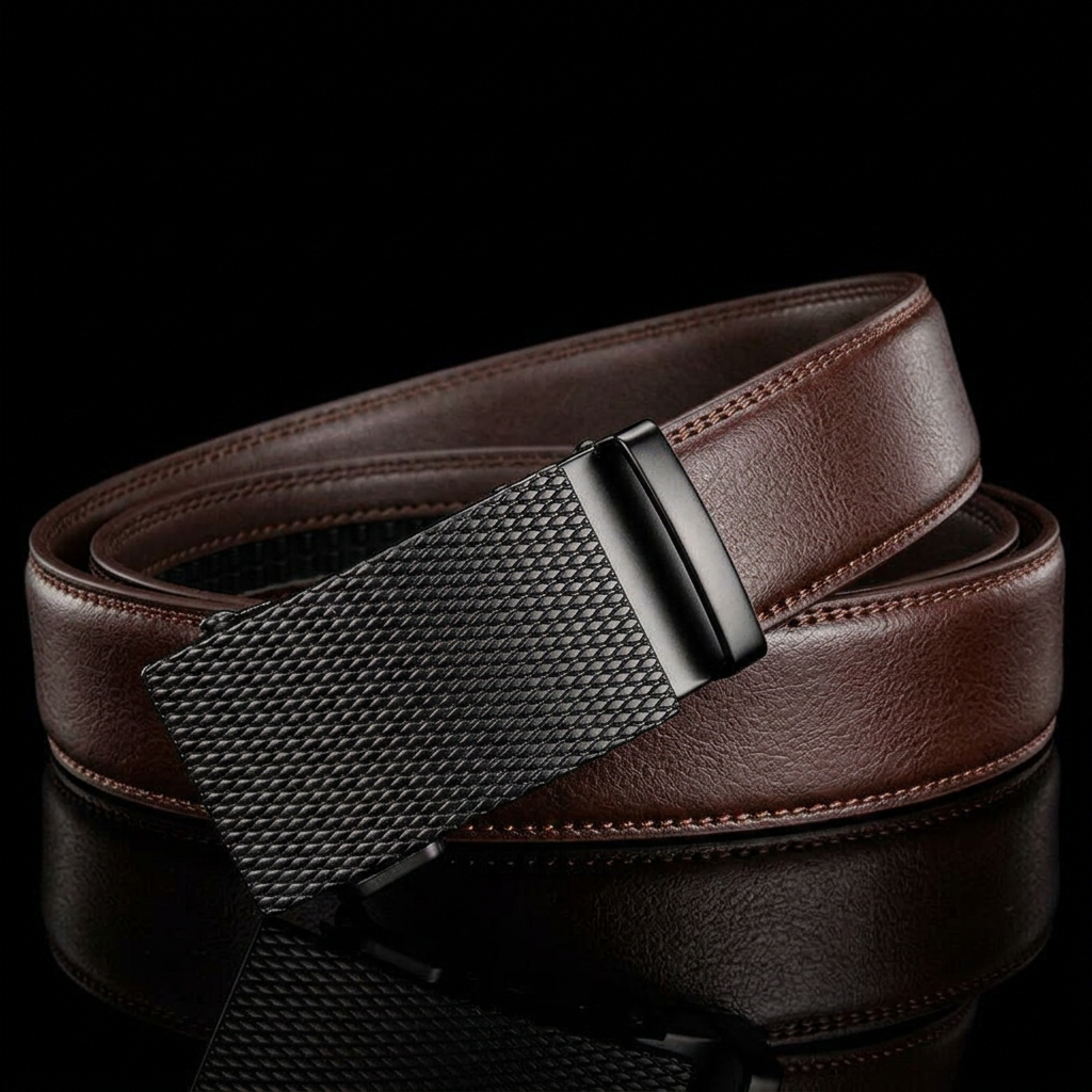 Men's Adjustable Leather Belt Textured Buckle Brown - Vonnera