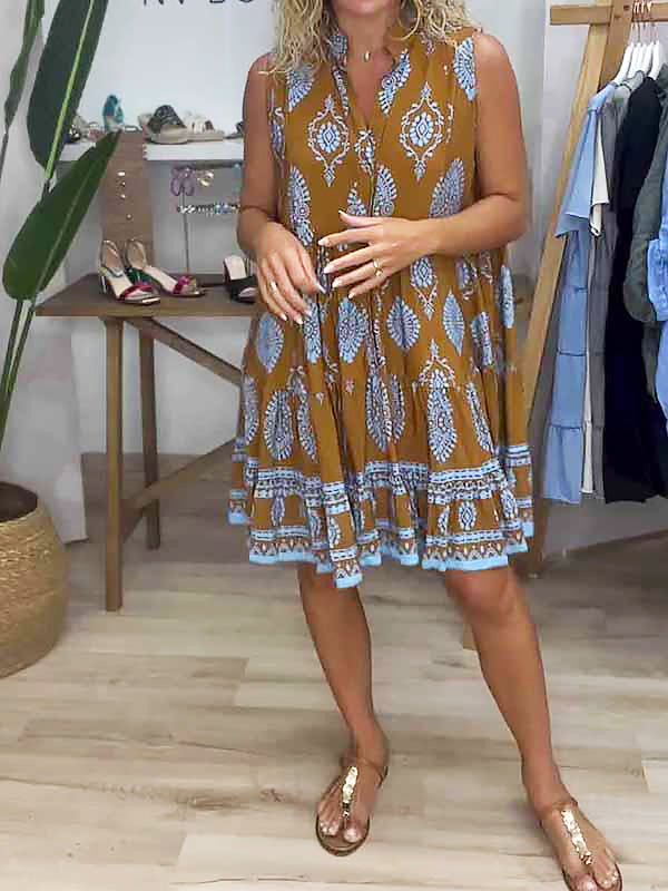 Women's V-Neck Sleeveless Mini Dress Boho Print - Vonnera