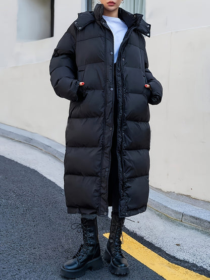 Women's Long Black Puffer Jacket Quilted Hooded - Vonnera