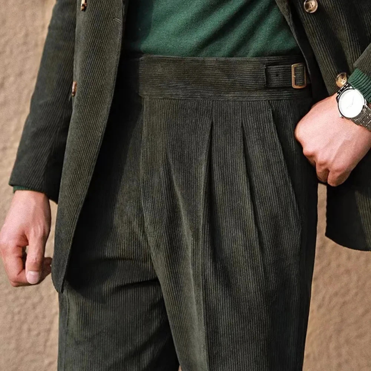 Men's High Waisted Corduroy Pants Adjustable Waist