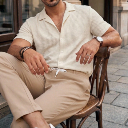 Men's Textured Button Up Casual Shirt And Pants Set