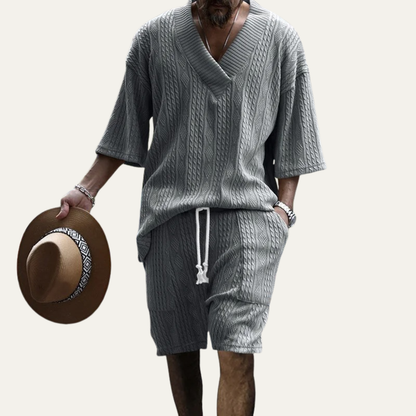 Men's Knitted Polo Shirt And Shorts Set Lightweight Red