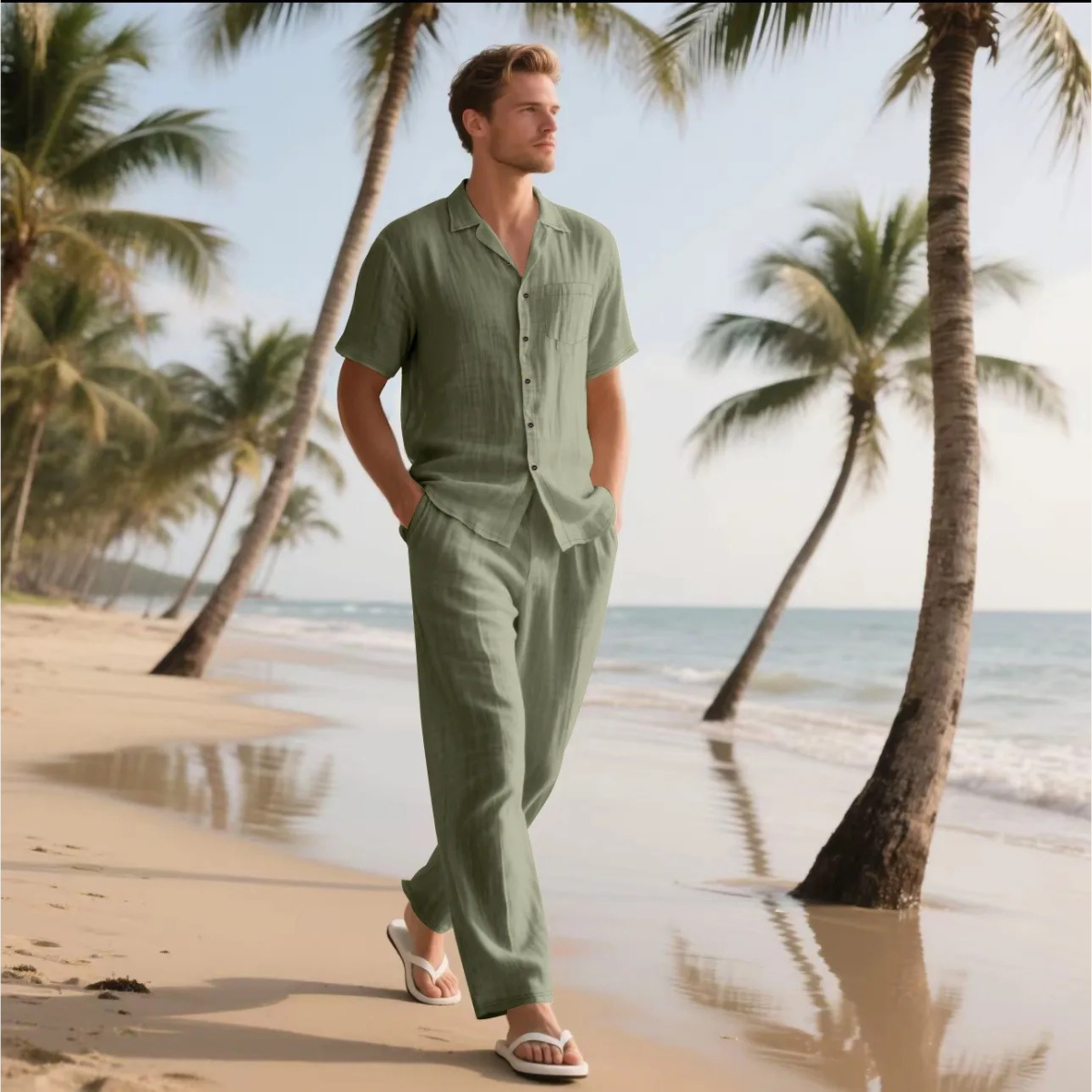 Men's Lightweight Casual Two Piece Suit Shirt Pants