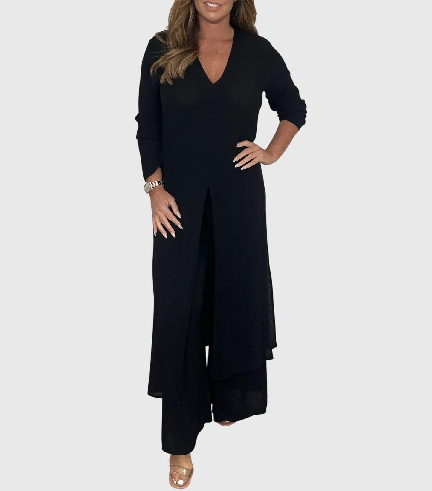 Women's Two-Piece Duster Cardigan Set Wide Leg Pants
