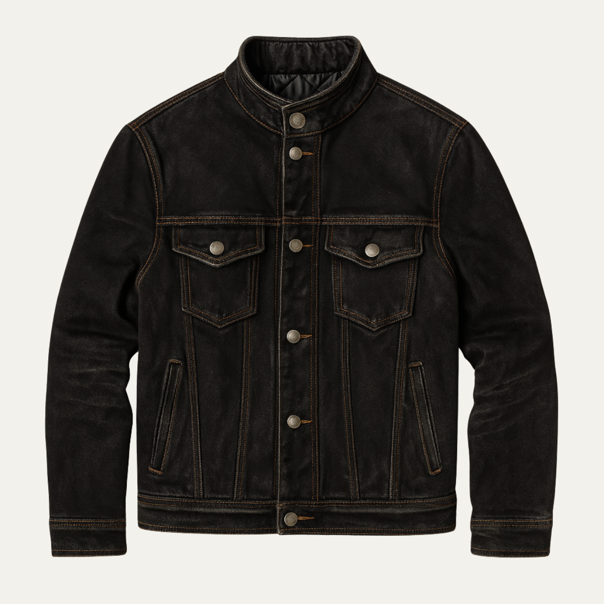 Men's Black Denim Trucker Jacket Multi Pocket Vintage Washed - Vonnera