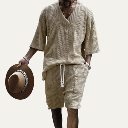 Men's Knitted Polo Shirt And Shorts Set Lightweight Red