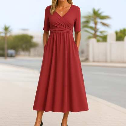 Women's Midi Red V-Neck Evening Dress