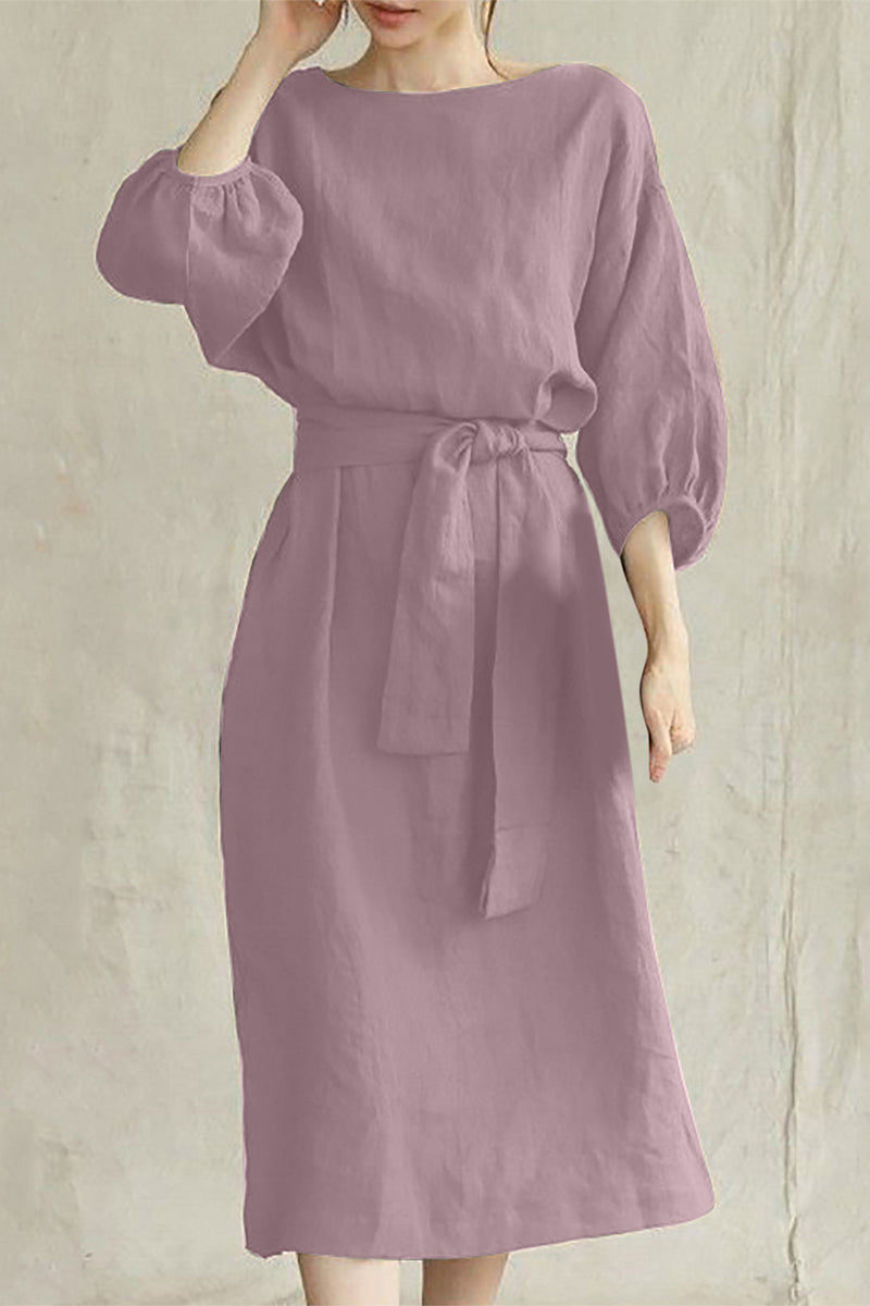 Linen Blend Women's Midi Dress Tie Waist