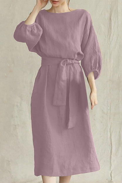 Linen Blend Women's Midi Dress Tie Waist