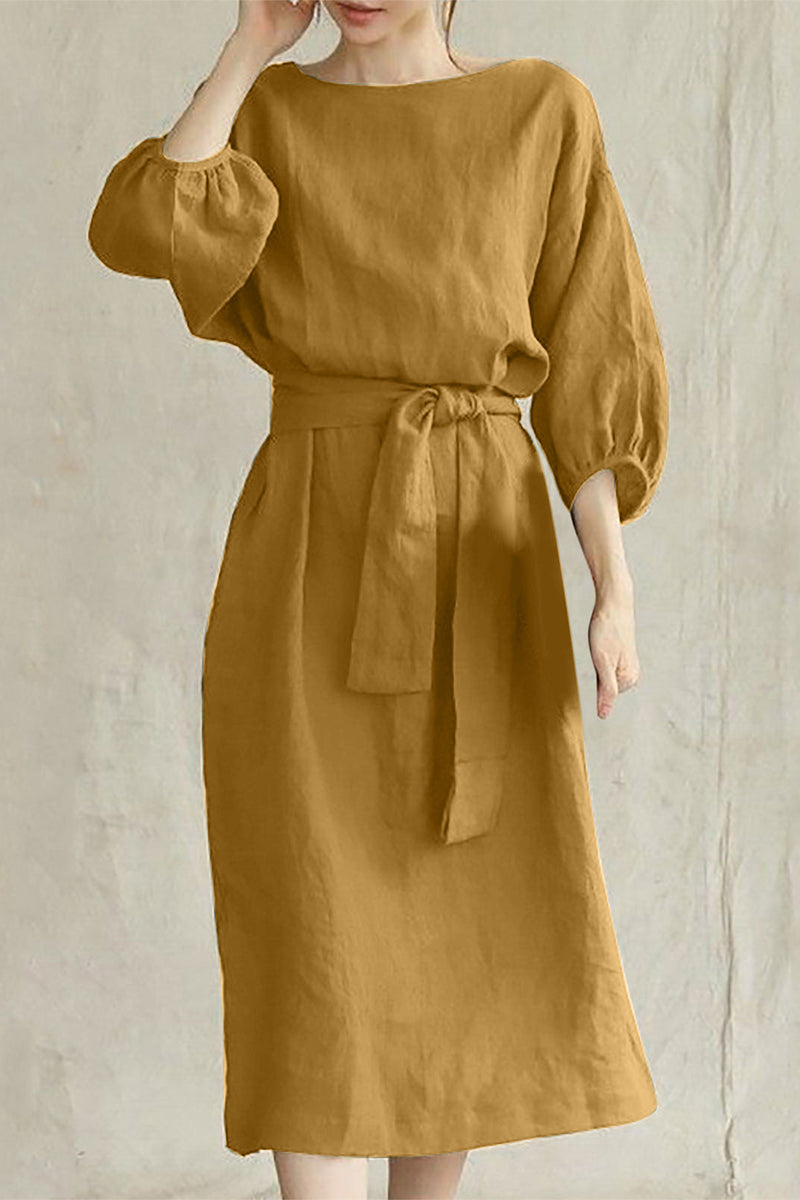 Linen Blend Women's Midi Dress Tie Waist