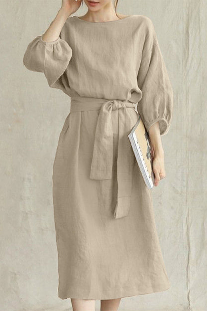 Linen Blend Women's Midi Dress Tie Waist