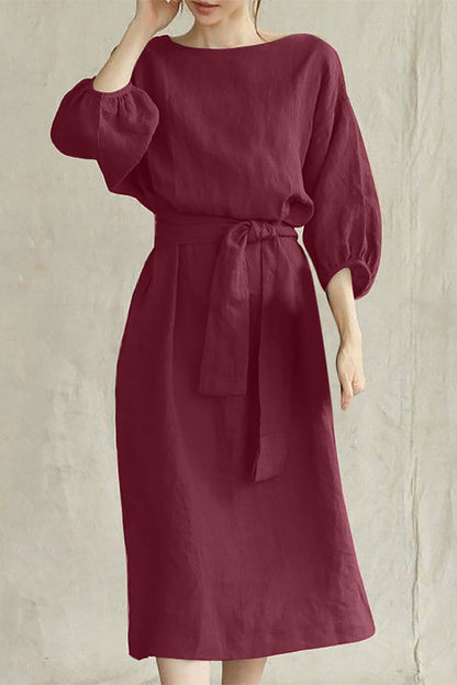 Linen Blend Women's Midi Dress Tie Waist