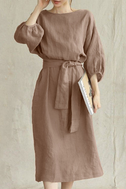 Linen Blend Women's Midi Dress Tie Waist