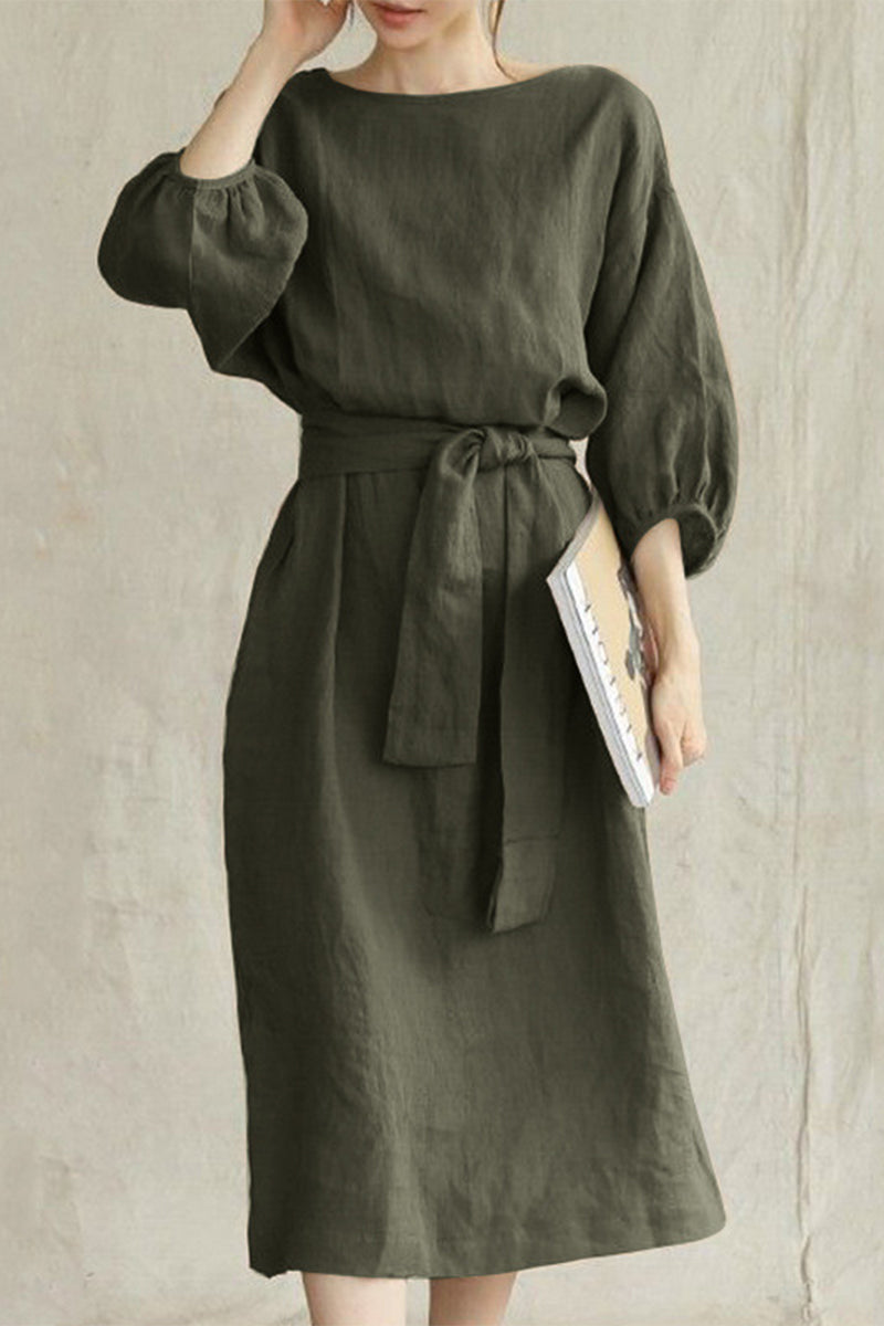 Linen Blend Women's Midi Dress Tie Waist