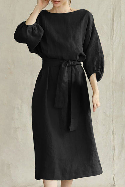 Linen Blend Women's Midi Dress Tie Waist