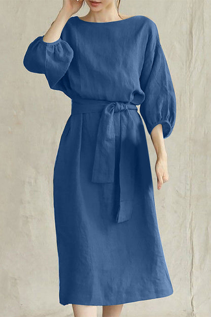 Linen Blend Women's Midi Dress Tie Waist