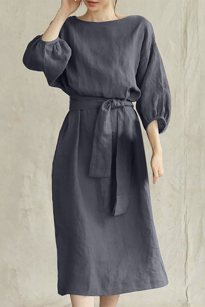 Linen Blend Women's Midi Dress Tie Waist