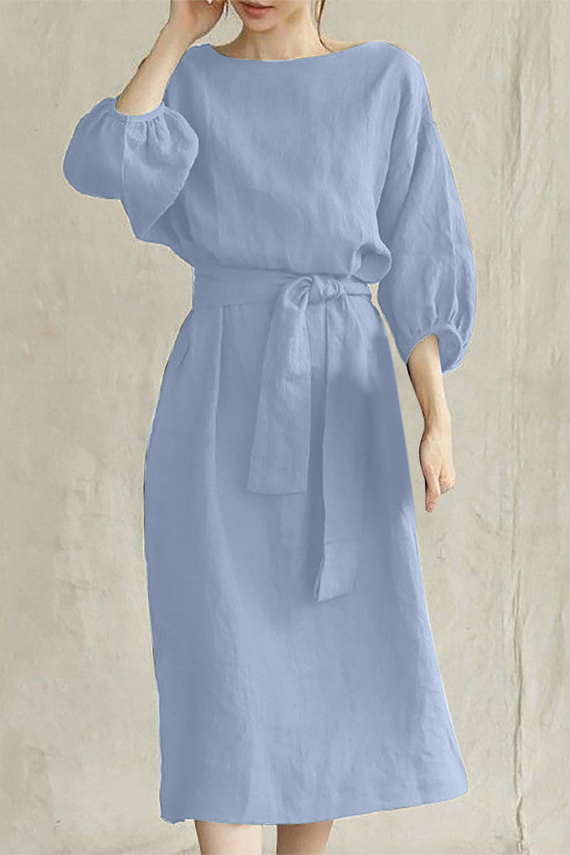 Linen Blend Women's Midi Dress Tie Waist