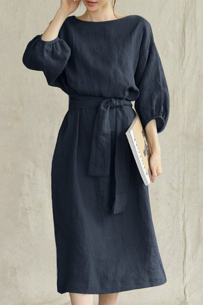 Linen Blend Women's Midi Dress Tie Waist - Vonnera