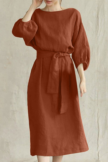 Linen Blend Women's Midi Dress Tie Waist