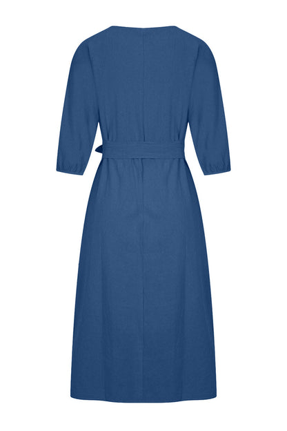 Linen Blend Women's Midi Dress Tie Waist