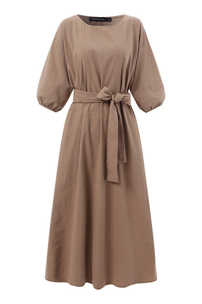 Linen Blend Women's Midi Dress Tie Waist
