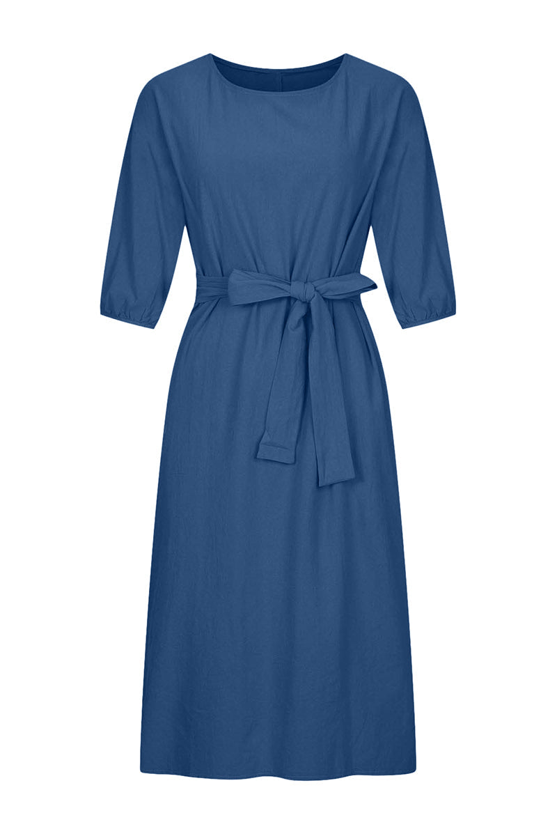 Linen Blend Women's Midi Dress Tie Waist