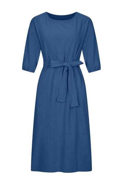 Linen Blend Women's Midi Dress Tie Waist