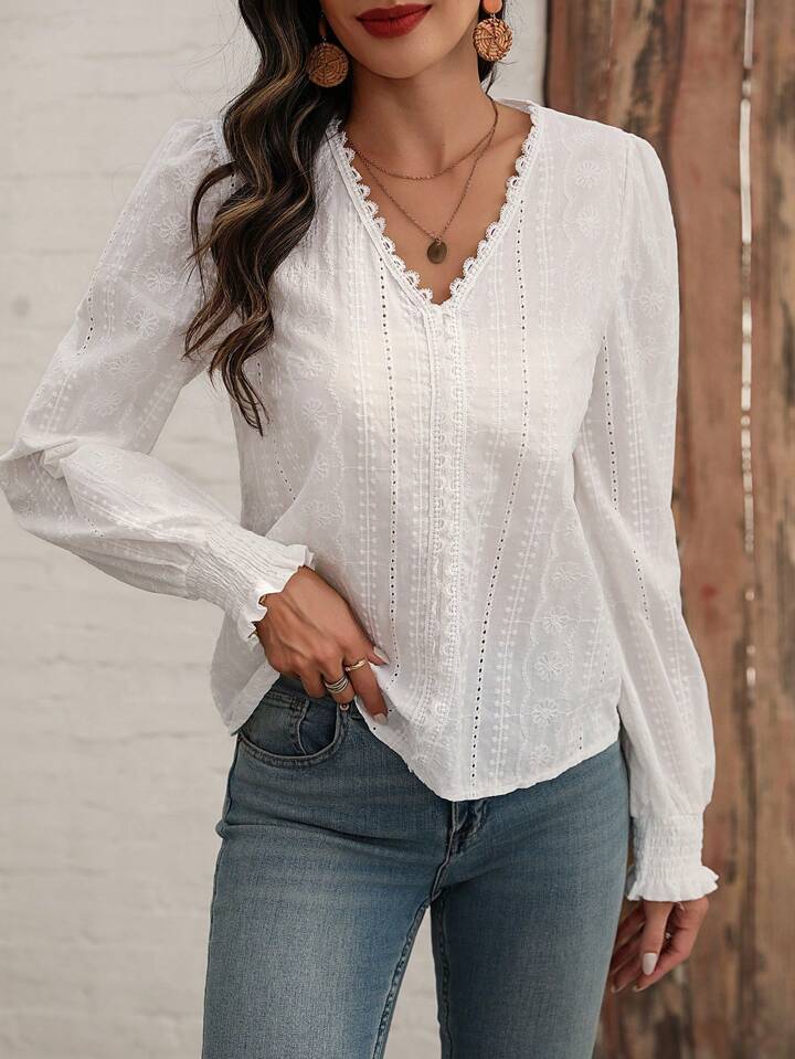 Women's V-Neck Blouse Lace Trim Long Sleeves - Vonnera