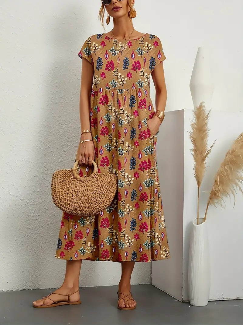 Women's Floral Midi Dress With Pockets