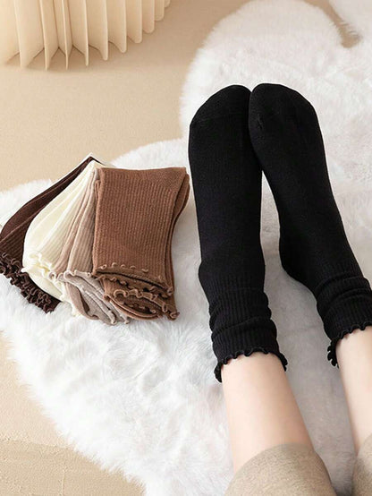 Women's Ribbed Crew Socks Ruffled Edge