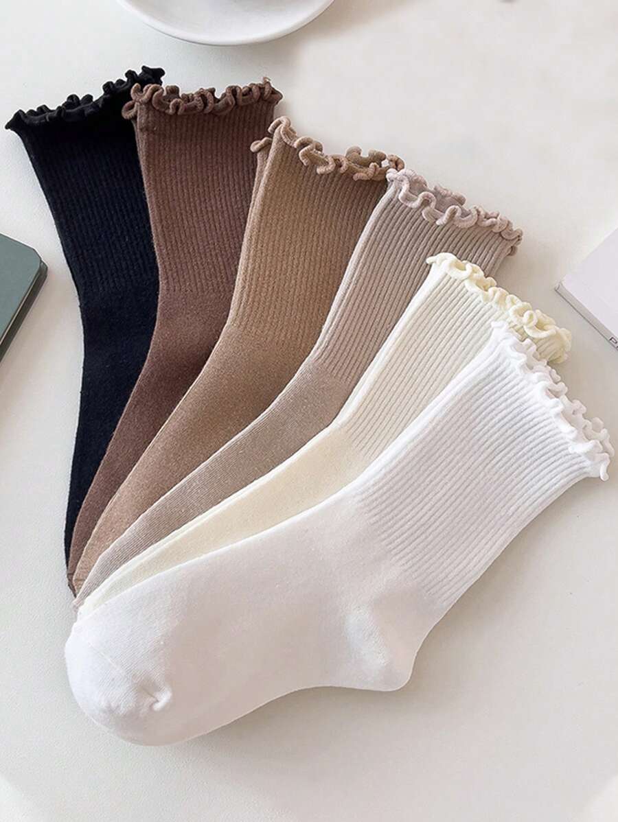 Women's Ribbed Crew Socks Ruffled Edge