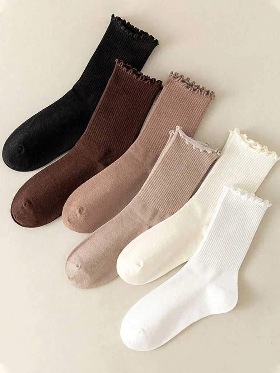 Women's Ribbed Crew Socks Ruffled Edge