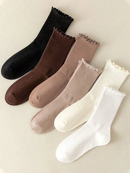 Women's Ribbed Crew Socks Ruffled Edge