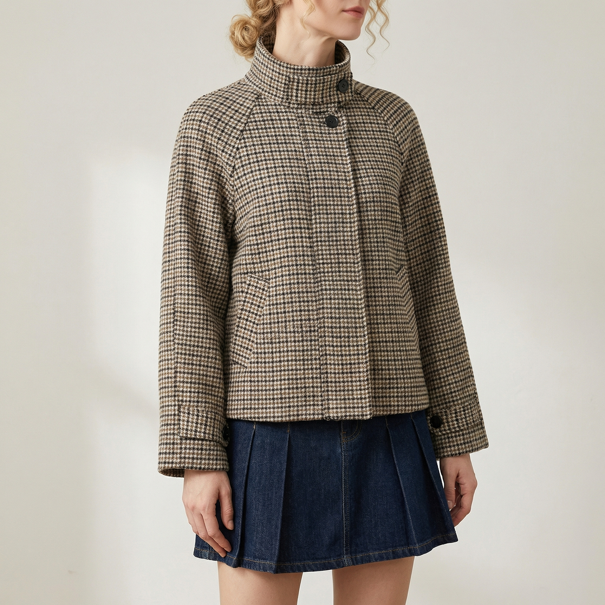 Women's Check Turtleneck Wool Coat - Vonnera