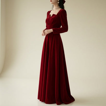 Women's Red Wedding Dress Long Sleeve Square Collar - Vonnera
