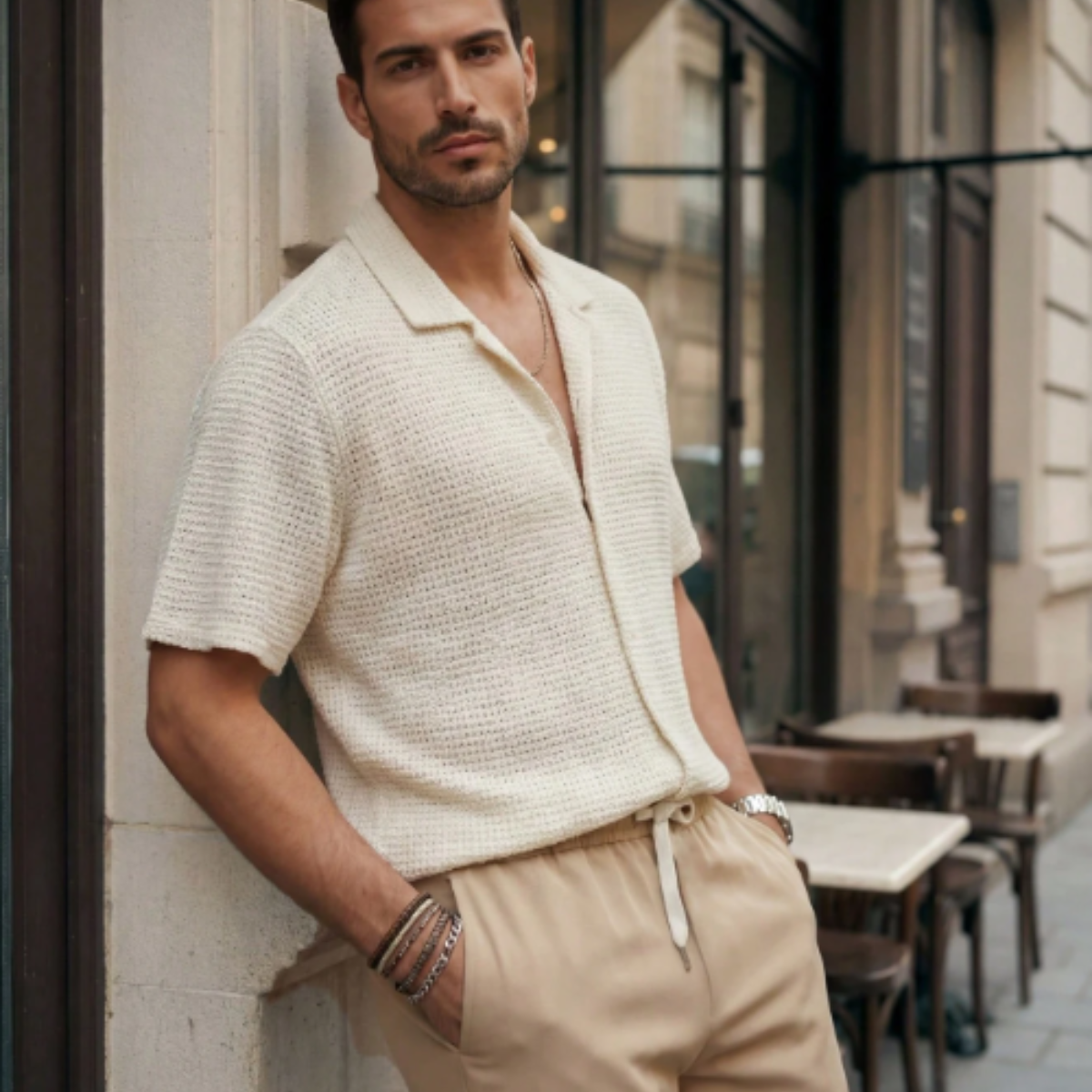 Men's Textured Button Up Casual Shirt And Pants Set
