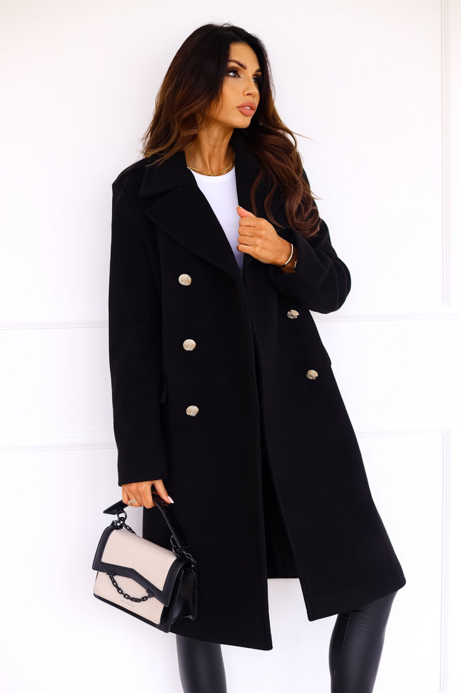 Women's Double-Breasted Long Coat Gold Buttons