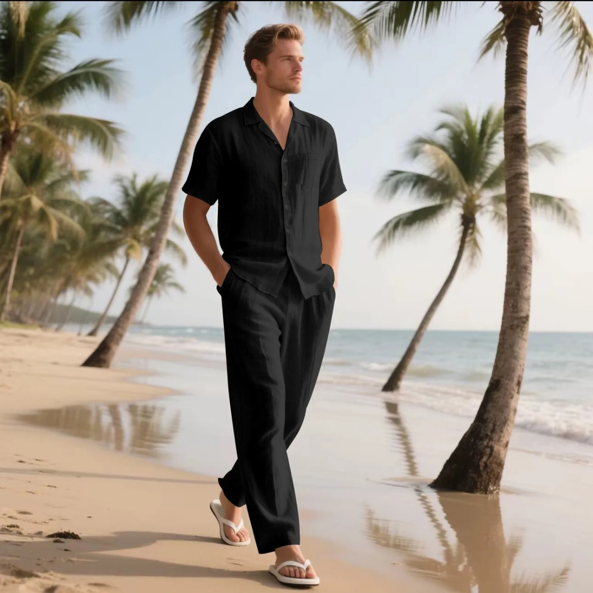Men's Lightweight Casual Two Piece Suit Shirt Pants