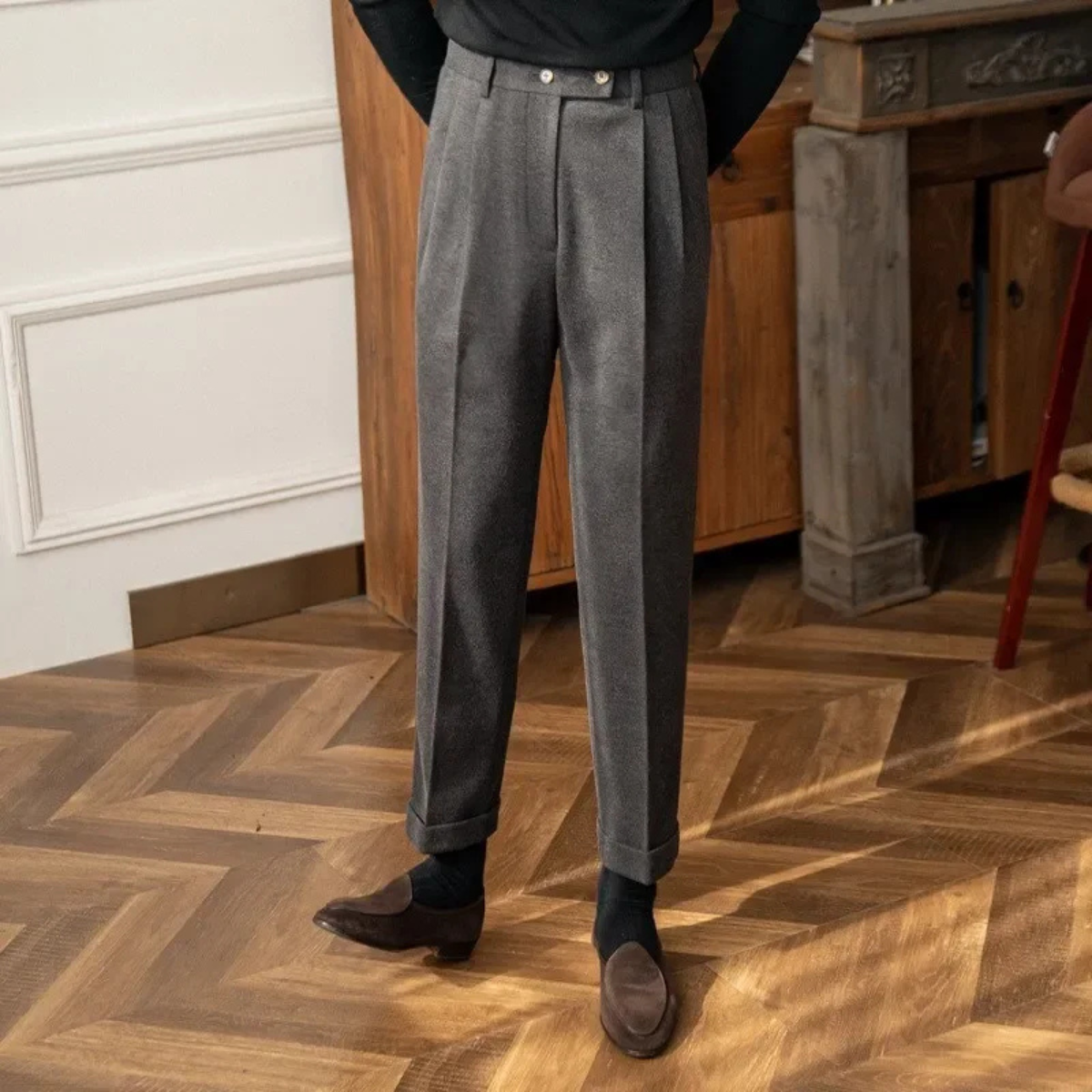Men's Wool Slim Fit Dress Pants High Waisted