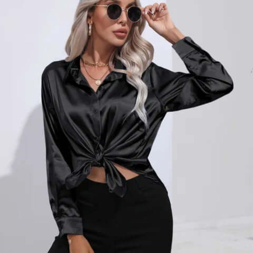 Women's Satin Long Sleeve Blouse Loose Fit
